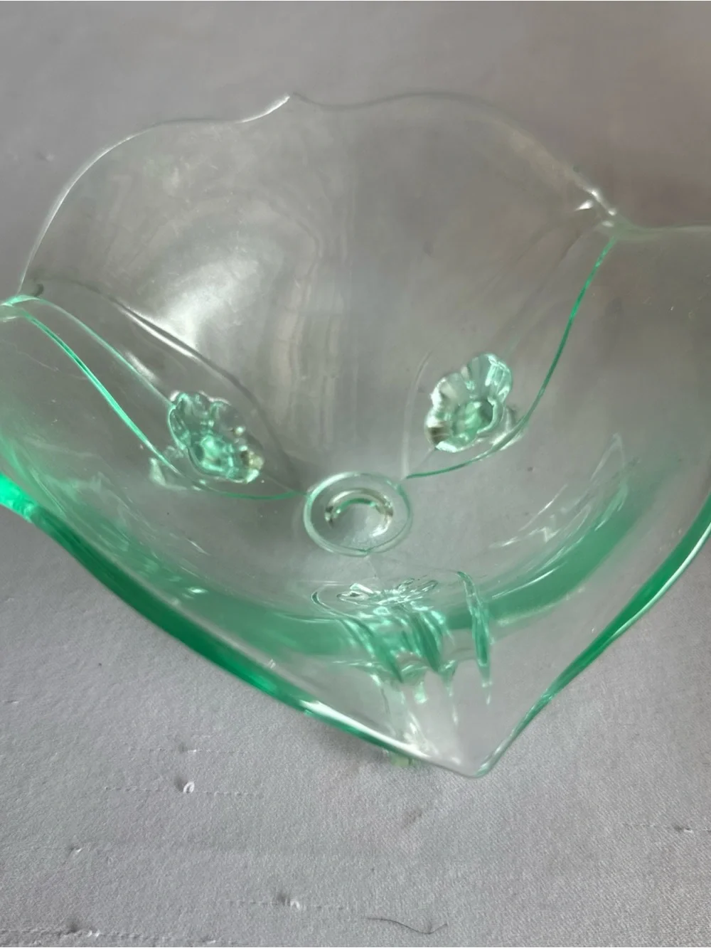 Mint Green Scalloped Glass Decorative Bowl. Vintage Elegant Lancaster Green Depr